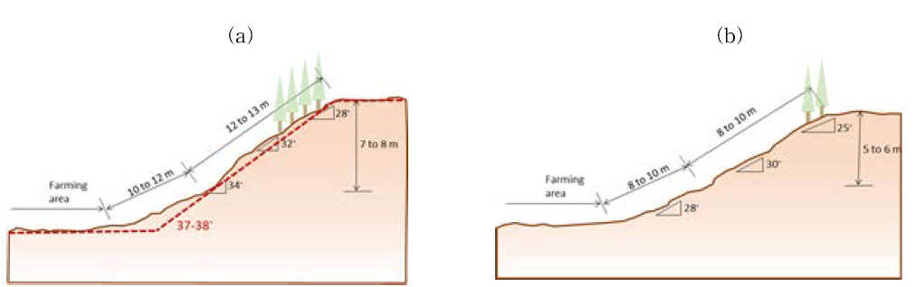 Location of the critical slope and the sectional profiles of two critical sections.: (a) Cross Section-1, Area East; (b) Cross Section-2, Area West