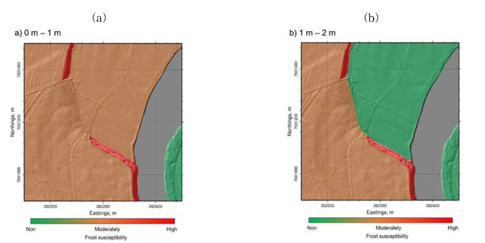 대상현장의 동결민감도: (a) 0m-1m; (b) 1m-2m