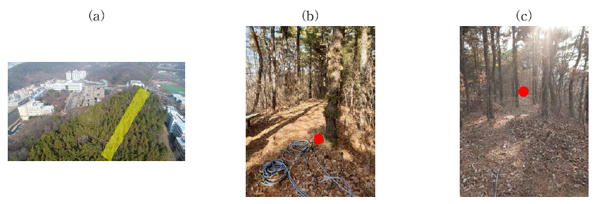 Test bed: (a) Test bed 전경; (b) 초기지점(0m); (c) 종료지점(200m)