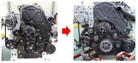 원웨이클러치 풀리의 적용 전/후 엔진 전면부