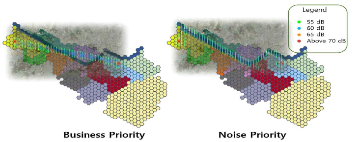 모델링된 행정구역에 표시한 서로 다른 두 경로의 소음지도