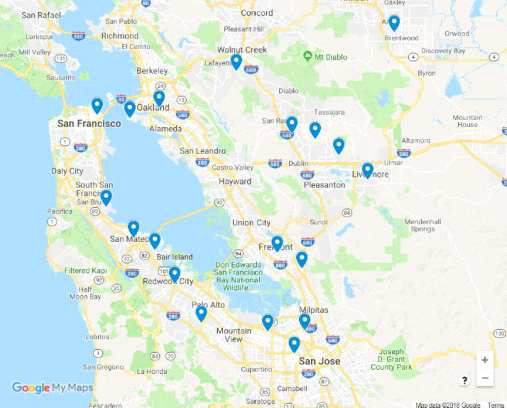 샌프란시스코 만 지역의 제안된 Vertiport 부지 지도