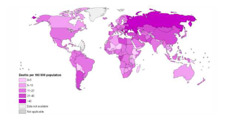 대륙별 대기오염에 따른 사망자 지도(WHO Map Production, 2011. 9. 26)