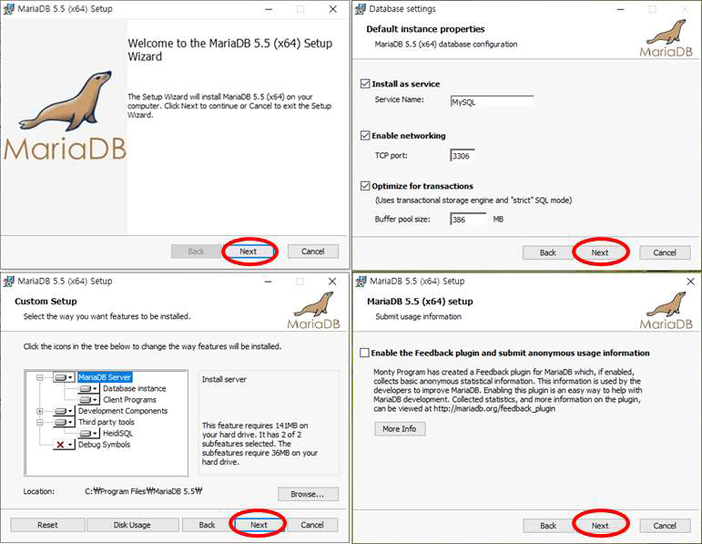 mariadb-5.5.38-winx64.msi 설치 진행 과정
