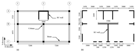 Structural plan of the case study structure: (a) First story; (a) Second to fourth story