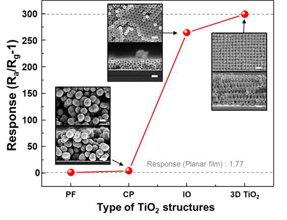 환원성 가스에 대한 다양한 형태의 TiO2 나노구조체의 반응성