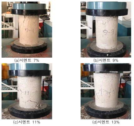 시험 후 시멘트 함량별 공시체 파괴형상