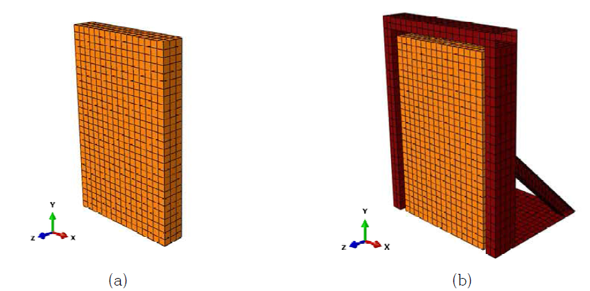 UR 시험체 유한요소해석 모델: (a) 벽체, (b) 벽체+프레임
