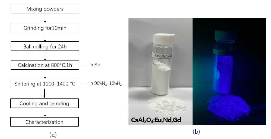 (a) CaAl2O4의 합성을 위한 고상반응법 순서도, (b) Gd-doped CaAl2O4:Eu2+,Nd3+ 분말의 밝고 어두운 조건에서의 이미지