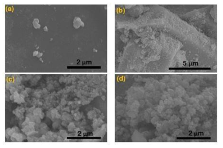 300°C에서 열처리한 Na-TiO2/형광체 복합체 (a)0%, (b)1%, (c)2%, (d)4% Na 의 SEM 이미지