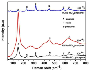 Na-TiO2/형광체 복합체의 Raman 스펙트럼