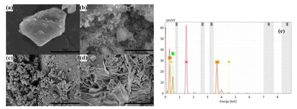 SEM 이미지 (a) 고상반응법으로 합성된 CaAl2O4:Eu2+,Nd3+ (b) sample CTB (c) sample CTP-80s and (d) sample CTP-300s (e) CTP-80s 의 EDS 스펙트럼