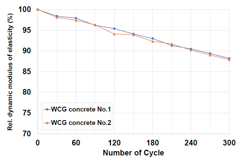 WCG concrete의 동결융해 사이클별 상대 동탄성계수