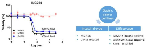 Effect of INC280 in gastric cancer cells positive or negative for c-MET amplification. The values of cell viability were then normalized against that of the control