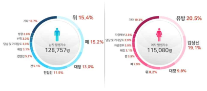 2018년 성별 주요 암종 발생분율 (국가암등록통계, 2021)