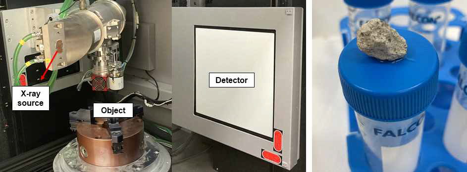 (좌) 본 연구에서 사용된 한국과학기술원 문지캠퍼스에 위치한 X-ray μCT 장비 (우) 촬영을 위해 에폭시로 고정된 순환골재의 모습