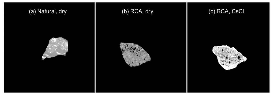 검증을 위한 대조군 이미지 (a) 건조 상태의 천연골재, (b) 건조 상태의 순환골재, (c) 세슘클로라이드(CsCl)로 포화된 순환골재