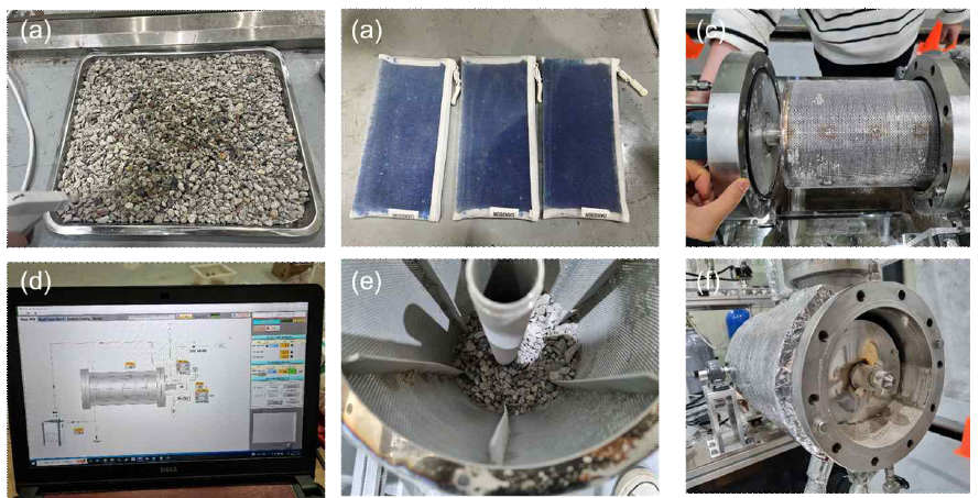 프로토타입 반응조를 이용한 이산화탄소 처리 모습 (a) 준비된 골재를 50% 포화시키는 과정 (b) 메쉬 안에 넣은 실리카겔 (c) 측면에서 본 바스켓 (d) 시스템 제어 및 데이터로깅 시스템 (e) 바스켓에 투입된 골재의 모습 (f) 처리 후 텀블링에 의해 생성된 세립분