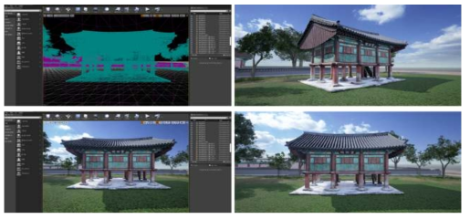 경기전 사고 저작도구의 문화재 애셋 구조(좌)와 경기전 사고 실시간 뷰어 렌더링(우)