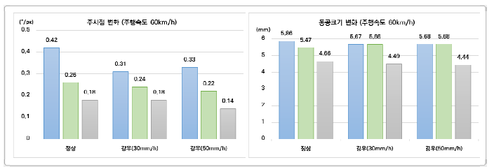 조명 및 차선 조건에 따른 운전자 시인성 평가 결과(주행속도 60km/h)