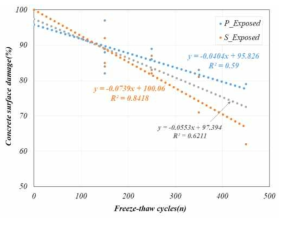 콘크리트 표면 손상도와 동결융해 싸이클의 관계