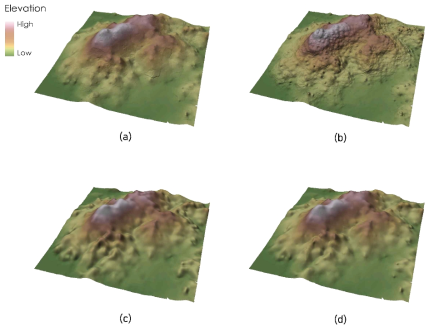 연DEM 공간보간 예시: (a) Ordinary Kriging (spherical variogram); (b) IDW; (c) Regularized Spline; (d) Tension Spline