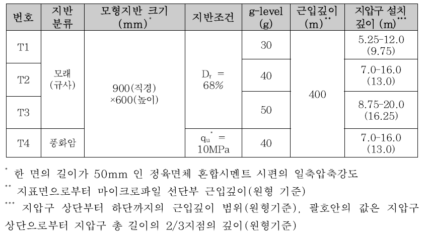 원심모형실험 모형 지반 및 시험 조건