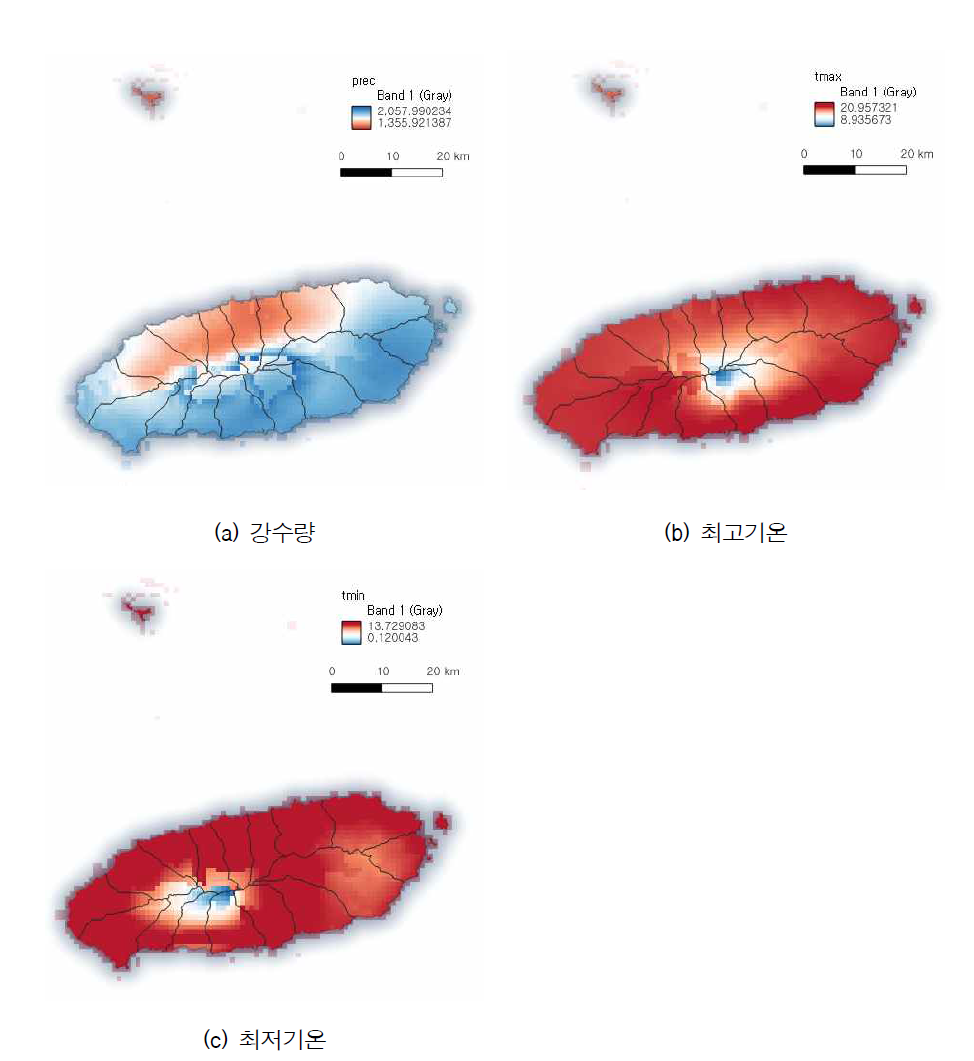 1 km 해상도 30년 평균 연강수량, 연평균 최고기온, 및 연평균 최저기온