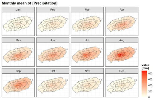 월평균 강수량의 공간분포
