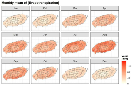 월평균 증발산량의 공간분포