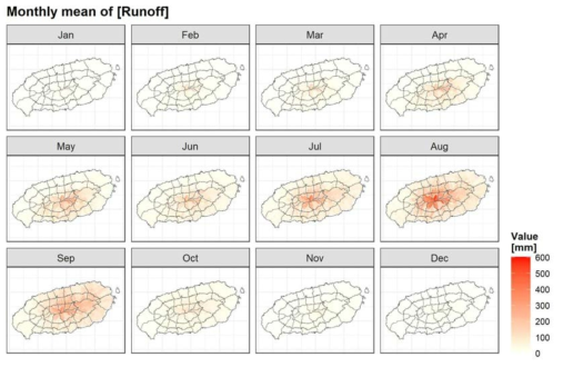 월평균 유출량의 공간분포