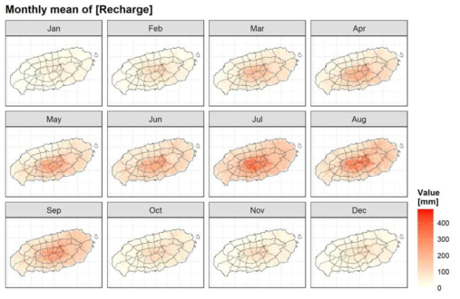 월평균 함양량의 공간분포