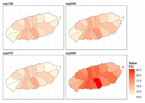 과거기간(1981~2010년) 대비 미래기간(2011~2100년)의 평균연 기준증발산량 변화율