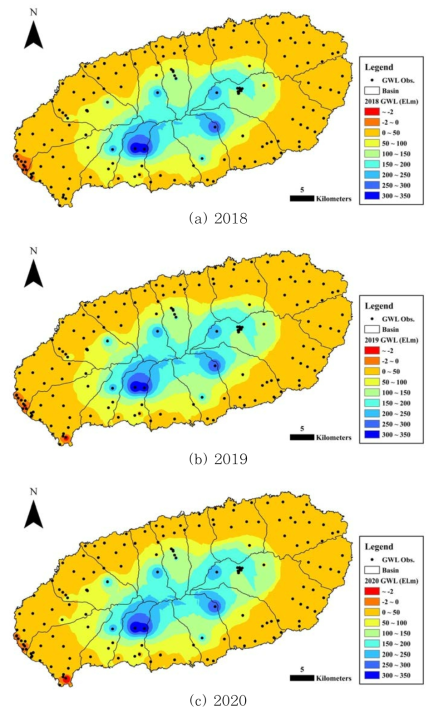 2018 ~ 2020년 제주 지하수위 분포