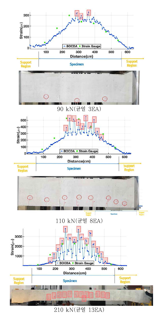 BOCDA 계측 값과 육안 조사를 통한 균열 위치 비교