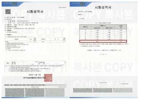 신경망센서 기반 스마트강연선의 정확도 시험 성적서(KCL)