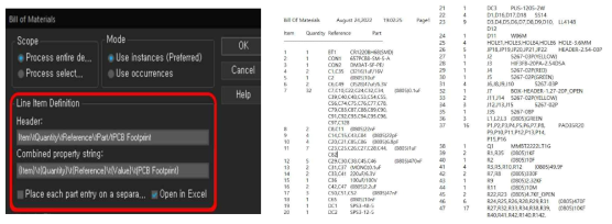 OR CAD tool을 활용한 BOM 목록 설정작업(좌) 및 산출된 BOM 목록(우)