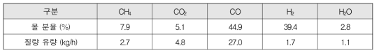 ‘CH4/CO2 = 1’ 건식 개질공정 유출가스 몰분율 및 질량유량