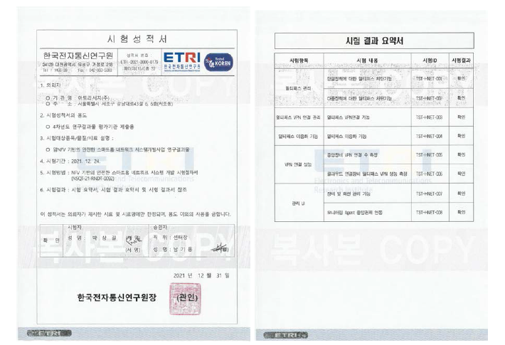 ETRI 공인인증시험 시험성적서 및 시험결과 요약서