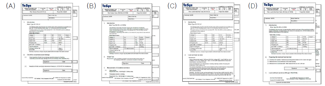 제작완료 시 자체 시험리포트. (A), (B) AC 및 PM모터의 routine test, (C), (D) AC 및 PM 모터의 load & heat run test