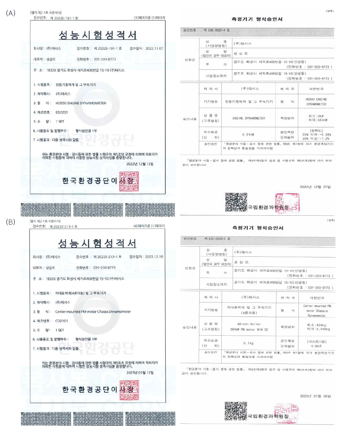 성능시험성적서 및 형식승인서 획득 실적. (A) 원동기 동력계, (B) 차대 동력계