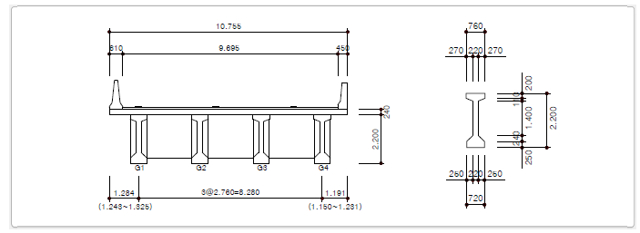 외산육교 횡단면도 및 거더 단면도