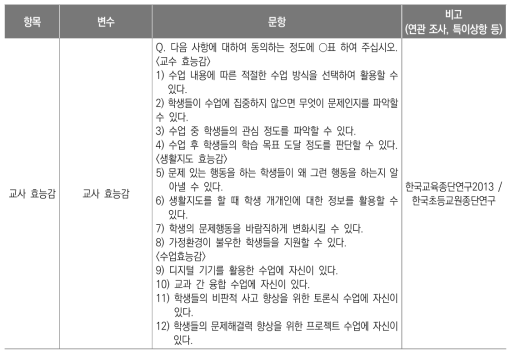 교사 효능감 영역 문항 구성