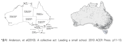 호주의 지도와 학교 분포(2007년 기준)