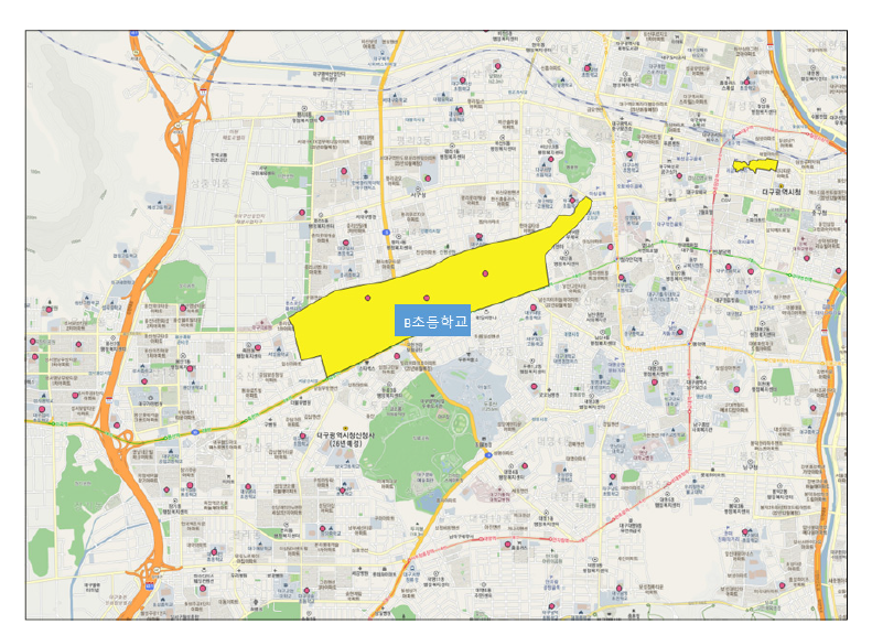 QGIS상에 나타난 구(원)도심 초등학교(대구광역시) 탐색