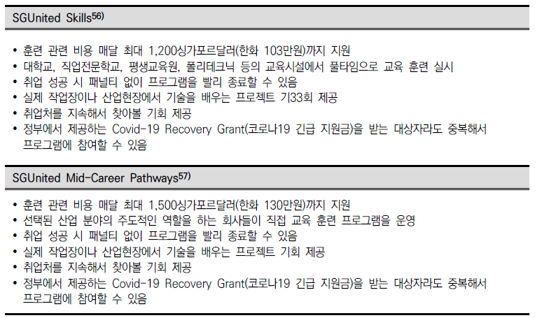 싱가포르 유나이티드 기술 프로그램(SGUnited Skills Programme)과 싱가포르 중간–커리어 경로 프로그램(SGUnited Mid-Career Pathways Programme)의 핵심내용