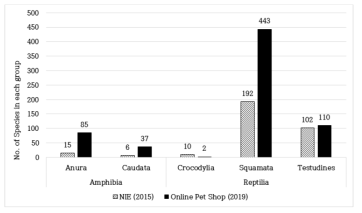2019년 온라인 펫샵에서 판매되는 외래 양서·파충류의 수와 2015년 공식적으로 수입된 외래 양서·파충류 수 비교