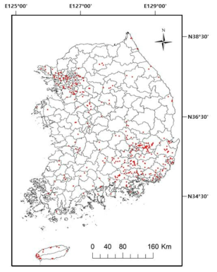 국내 붉은귀거북의 분포 지도. 붉은색 점=붉은귀거북의 분포