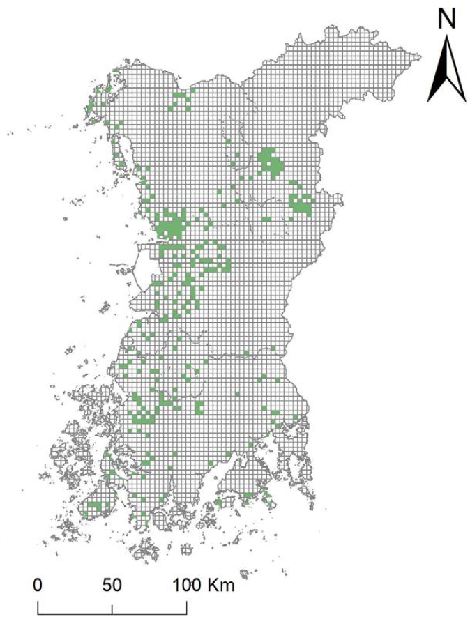 전라도와 충청도 3 km 격자 지도 (9 ㎢). 녹색 격자=2019년도 황소개구리 분포조사가 실시된 격자