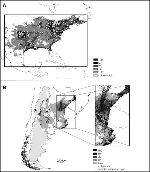 (A) North America 지역의 황소개구리 잠재적인 지리적 분포 예측 결과. (B) Argentina 지역의 황소개구리 잠재적인 분포 예측 지도 (Nori et al. 2011a)